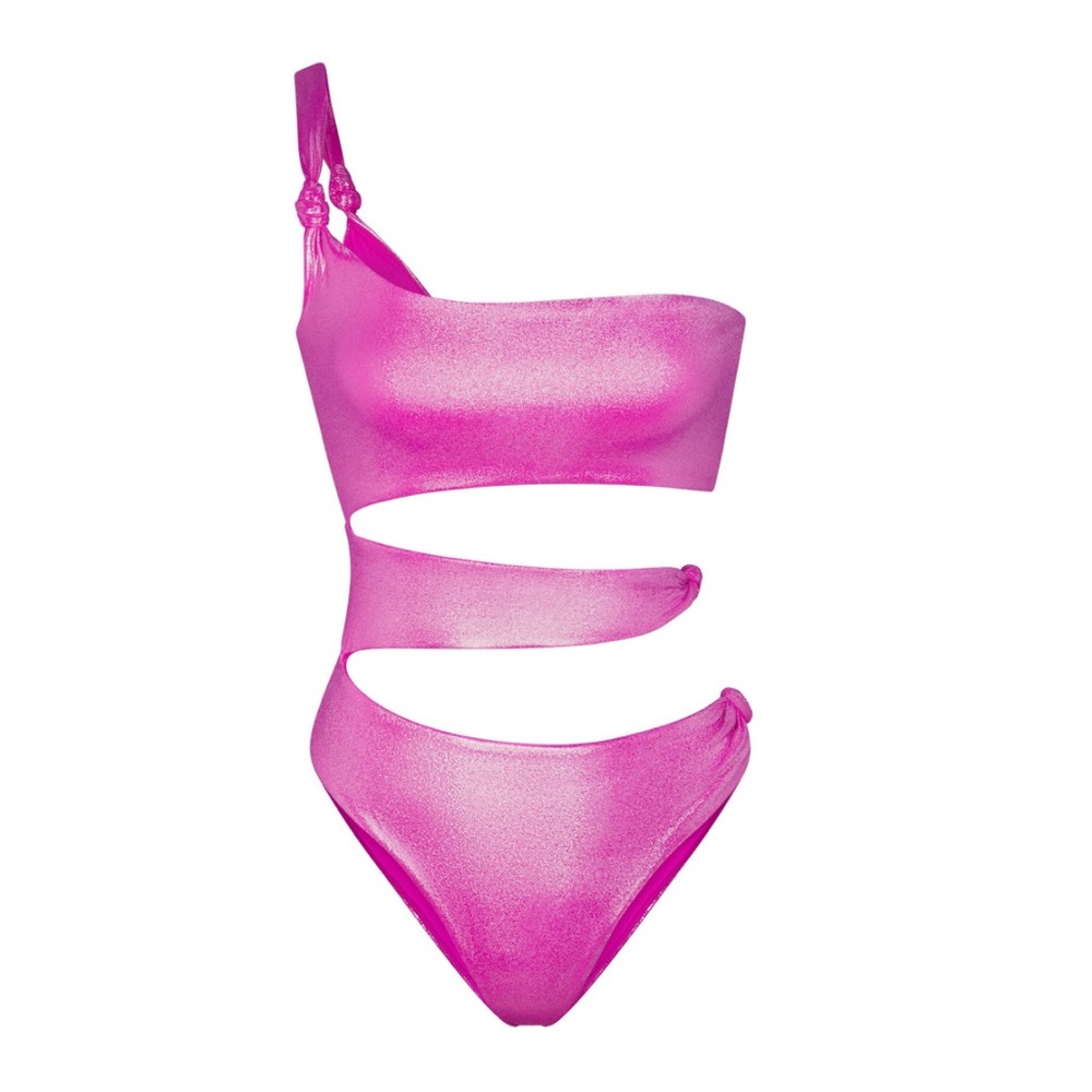 SKIMS PINK LIQUID SHINE SWIM KNOTTED ONE SHOULDER MONOKINI